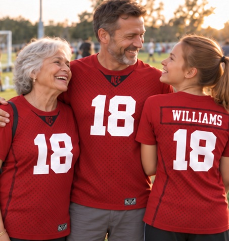 Family wearing matching red number 18 Patel fan tees
