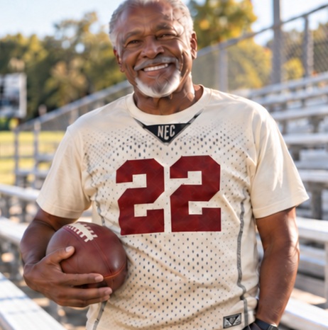 Grandfather holding a football in a cream number 22 fan tee