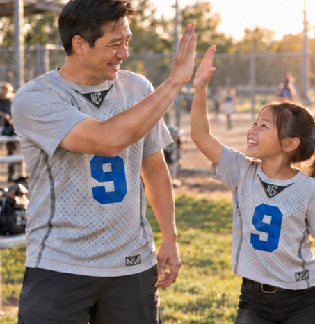 Dad and daughter celebrating in matching gray number 9 fan tees