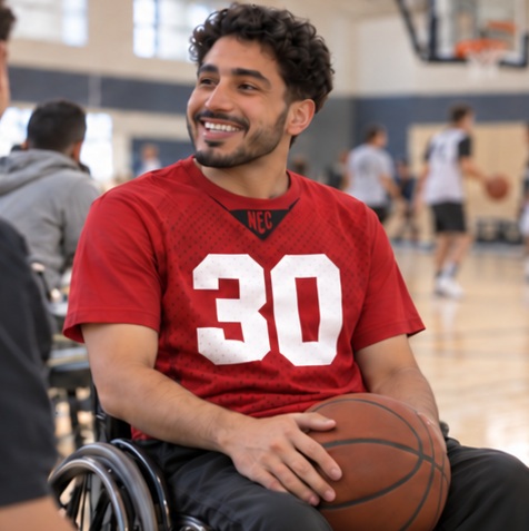 Athlete holding a basketball in a red number 30 fan tee