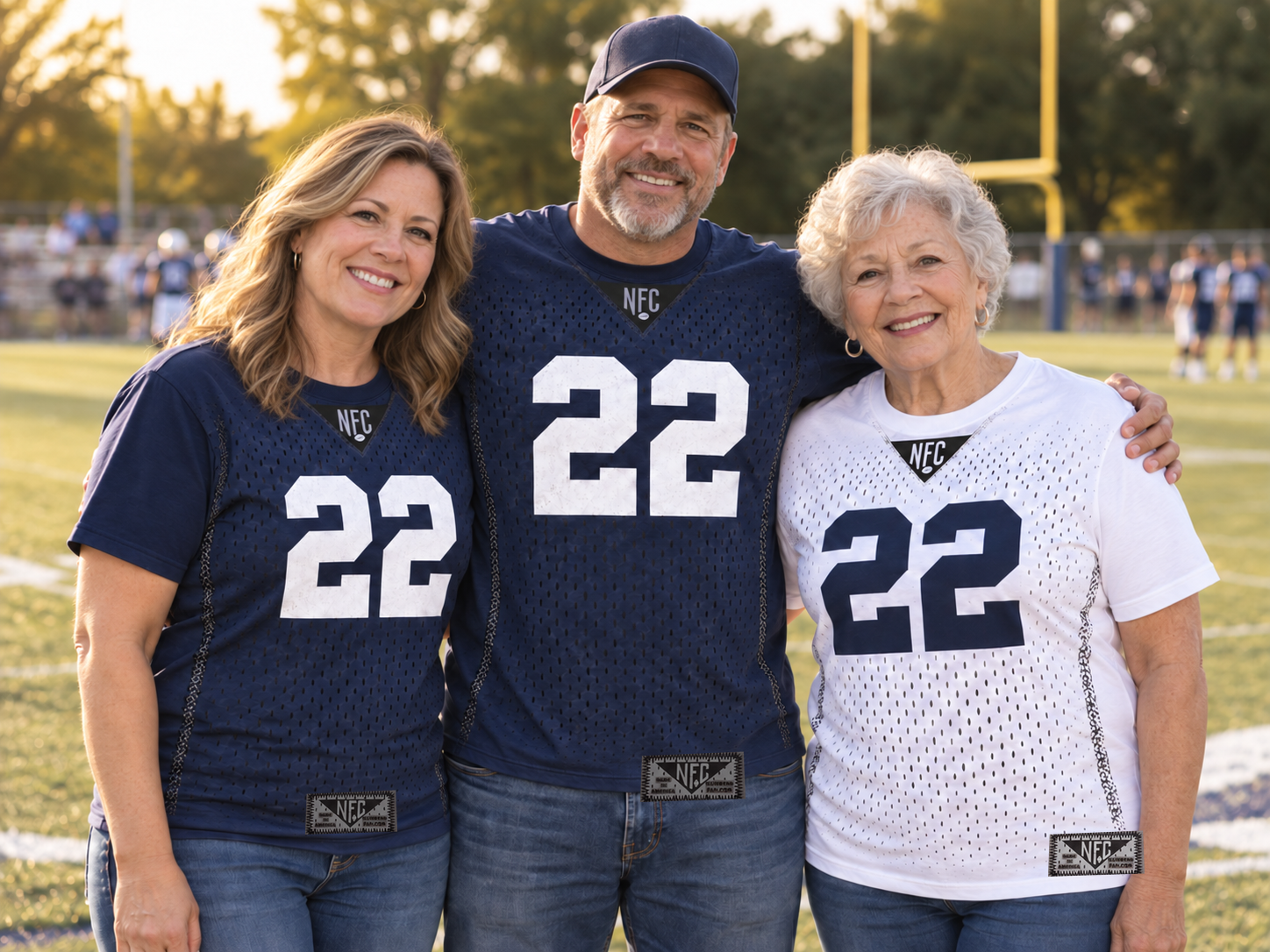 Mom, dad and grandmother wearing matching number 22 fan tees together on the field