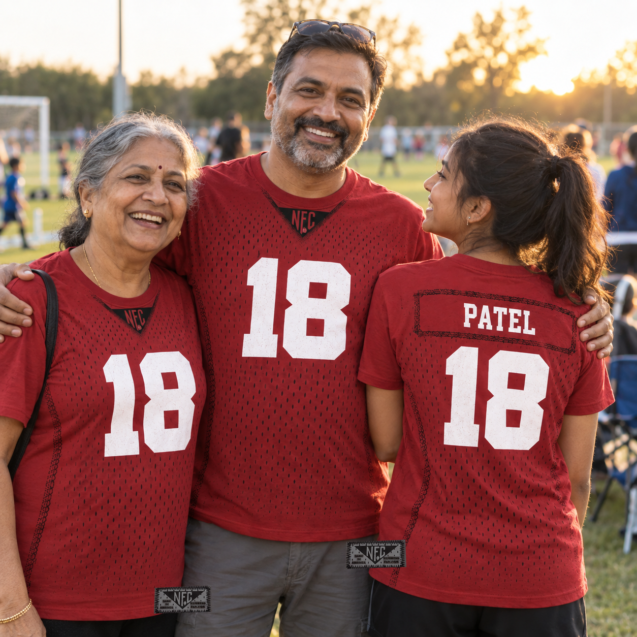 Family wearing matching red number 18 Patel fan tees