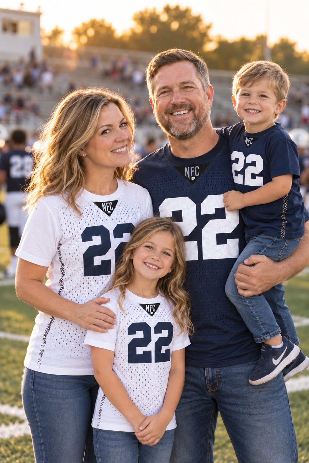Family smiling together on the field in matching number 22 fan tees