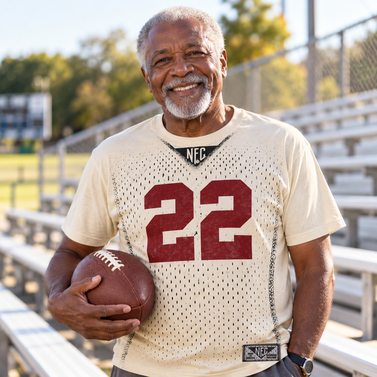 Grandfather holding a football in a cream number 22 fan tee