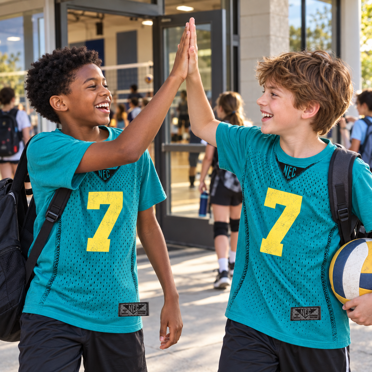 Two kids high-fiving in teal number 7 fan tees