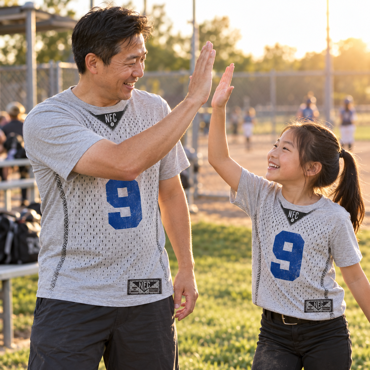 Dad and daughter celebrating in matching gray number 9 fan tees
