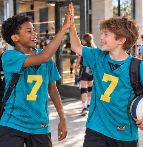 Two kids high-fiving in teal number 7 fan tees
